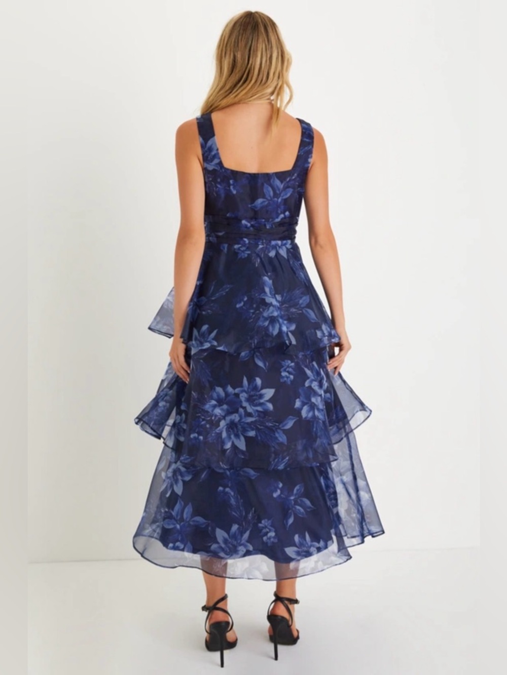 Lulus Dramatic Glamour Navy Blue Floral Organza Tiered Midi Dress - Picture 3 of 12